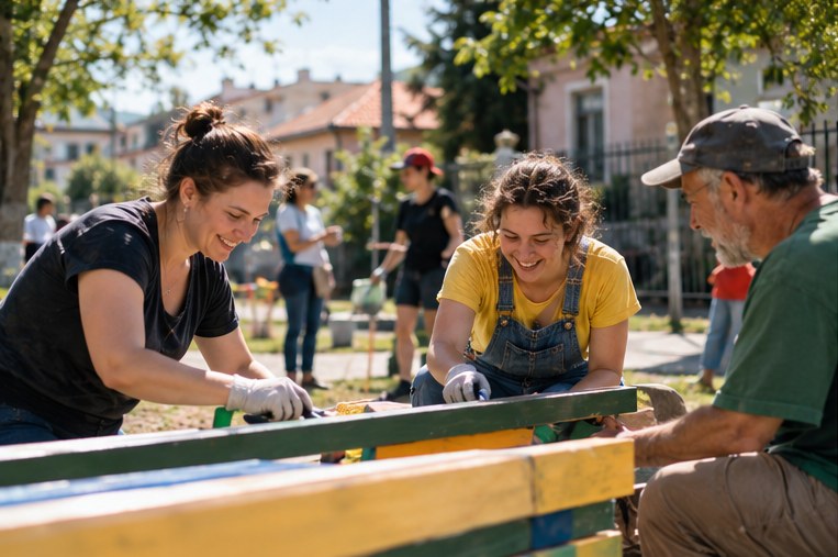 Voluntari amenajând împreună un spațiu comunitar — fotografie ilustrativă generată